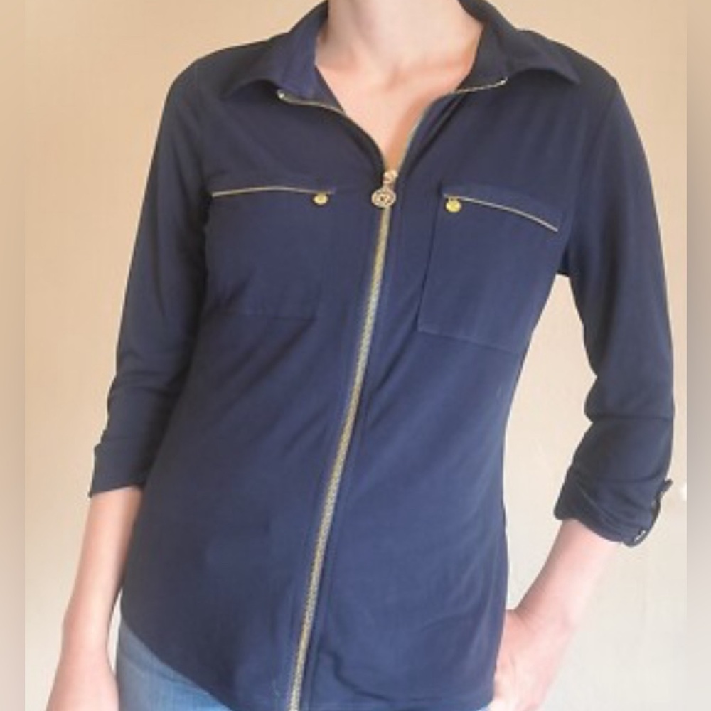 Anne Klein Midnight Blue Blouse with Gold Accents
